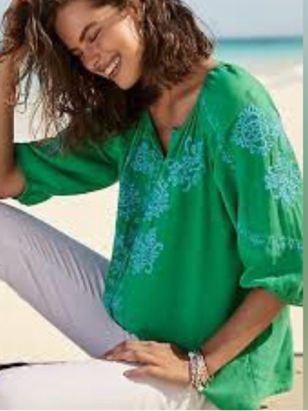 J.JILL Linen Embroidered Peasant Top Green Blue Boho Coastal NEW Size Small